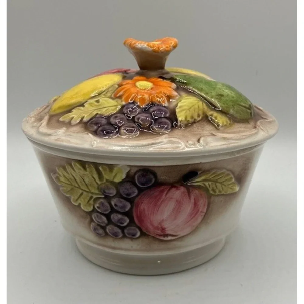 Mid Century Modern Ceramic Covered Dish  Fruit & Flowers‎ Orange Yellow Green